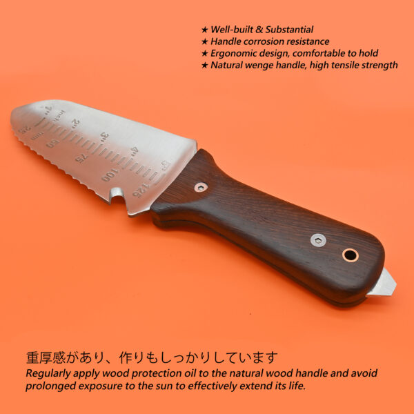 TONMA JP Hori Hori Garden Knife [Made in Japan] Heavy Duty Stainless Steel Japanese Hori Knife with Sheath Garden Tools, Natural Wenge Wood Handle, Full Tang (TGK-3) - Image 3