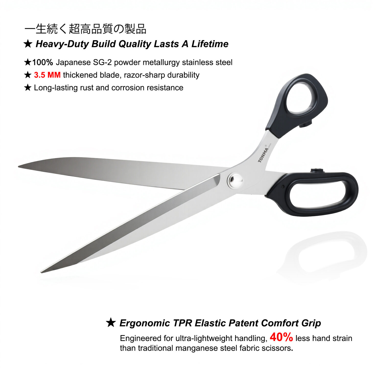 Potamish 10.5" Left-Handed Dressmaker Scissors – Stainless Steel Blades, Classic Black Design - View #11