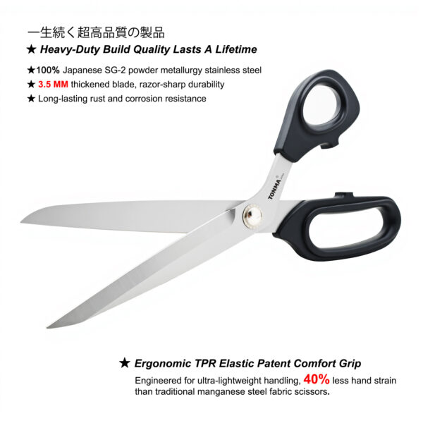 TONMA Sewing Scissors [Made in Japan] 10-Inch Precision Ultra Edge Fabric Scissors, Japanese SG2 Stainless Steel Dressmaker Tailor Shears for Cutting Cloth Denim, Right Handed(TCS-3) - Image 2