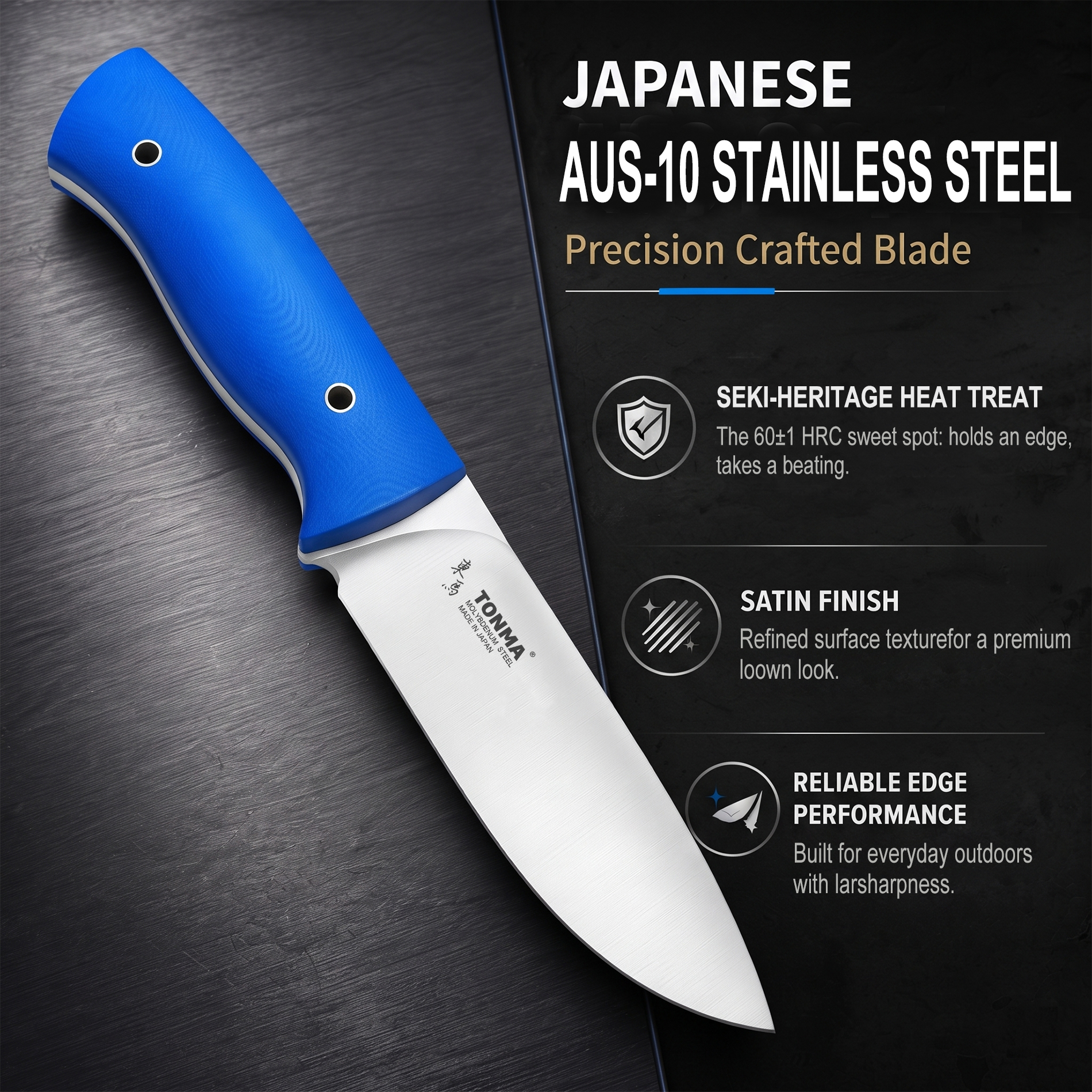 TONMA Fixed Blade Knife with Leather Belt Sheath, Made in Japan, Full Tang | Rock-Solid 4.0 mm Extra-Thick Stainless Steel Blade, Ergonomic G10 Grip, Japanese EDC Knives for Survival, Outdoor Camping(tfk01) - Image 3